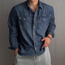 Chaqueta de mezclilla lavada y desgastada de color gris oscuro sólido para hombre, otoño