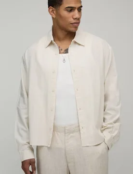 Herren Oversized Boxy Langarm-Hemd aus Leinen-Mix Natural Größe Medium - boohooMAN - FashionsVida