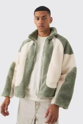 Herren Colour Block Borg Jacke in Salbeigrün Sage Größe XL