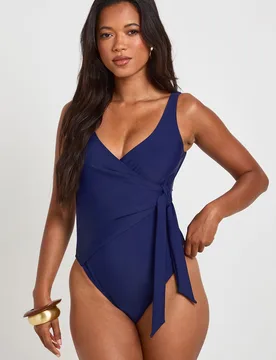 Womens Tummy Control Wrap Detail Swimsuit - Navy Polyamide - Size 6 Uk - Boohoo - FashionsVida