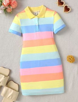 Vestido casual, dulce y lindo con cuello polo a rayas de arcoíris para niñas jóvenes, vestido mini cómodo y versátil para uso diario