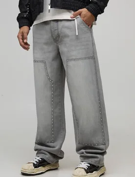 Men's Relaxed Fit Carpenter Studded Jeans Light Grey Size 32R Light Grey 32R - boohooMAN - FashionsVida