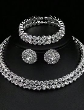 Conjunto Exquisito Y Elegante Collar De Doble Hilera Con Diamantes De Imitación, Conjunto De Pendientes Y Pulsera Adecuado Para Uso Diario Y Como Reg