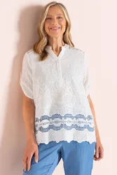 Embroidered Cotton Top - White - Size: 16