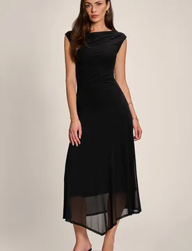 Women's Asymmetric Draped Mesh Maxi Dress in Black Size: 10 - Black - Size: 10 - Jolie Moi - FashionsVida