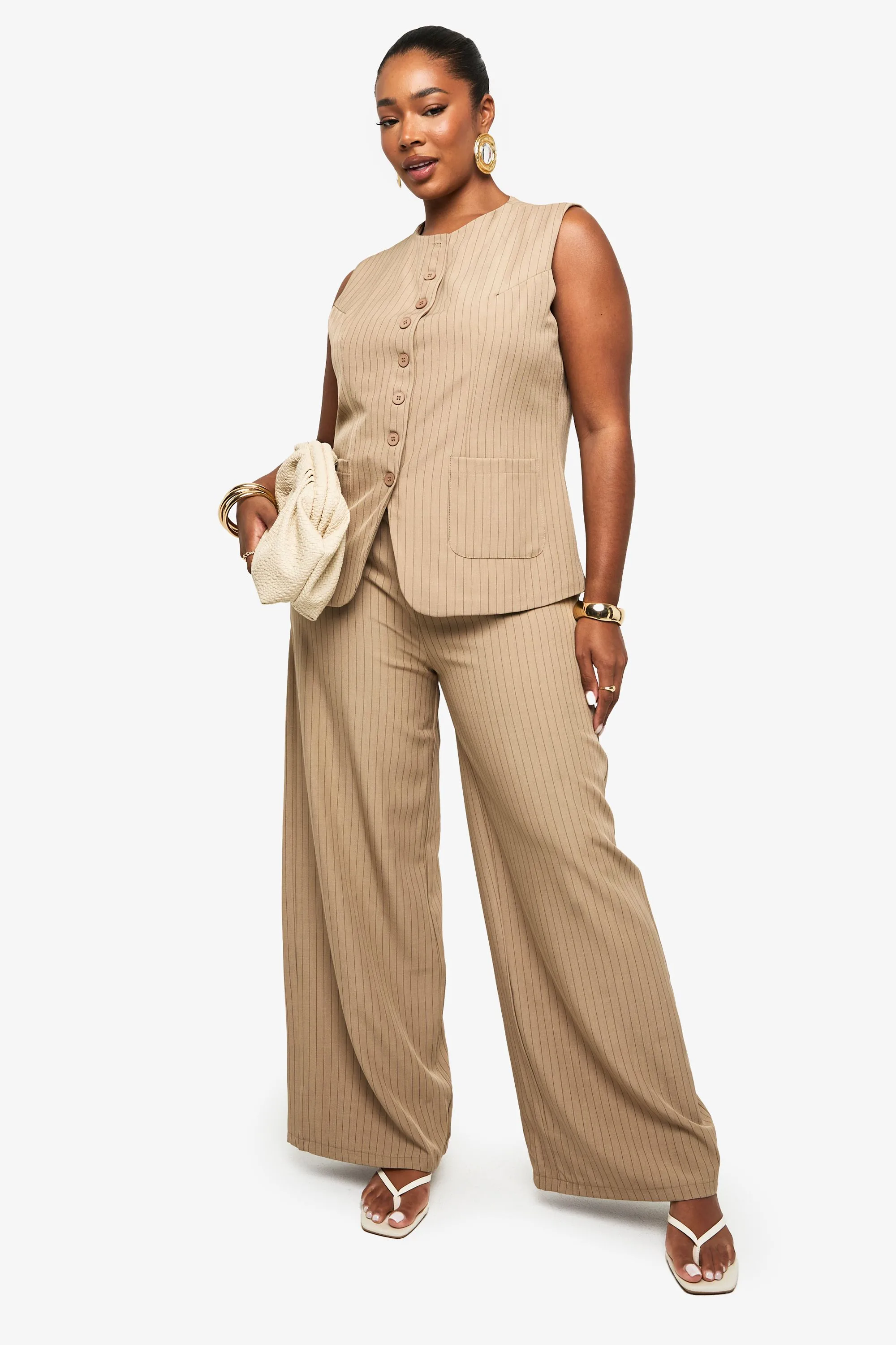 Womens Plus Drawstring Pinstripe Wide Leg Trouser - Beige - Size 20 Uk - Boohoo - FashionsVida