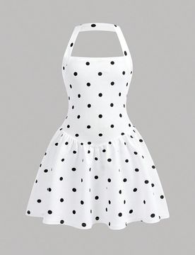 Vestido casual de vacaciones con estampado de lunares en blanco y negro con escote halter y silueta evasé para niña preadolescente