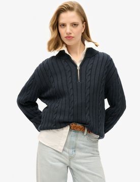 Superdry Damen Marineblau Gestrickter Rugby-Henley-Pullover Gestrickt, Größe: 38
