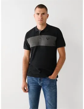 Mens Black Heather Charcoal Colour Block Logo Polo Shirt - Male - Black - Small - True religion - FashionsVida