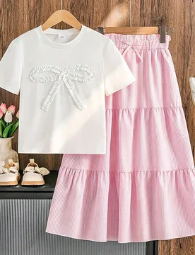 Set de 2 piezas de camiseta de manga corta con lazo elegante y falda midi para niñas, estilo veraniego - Shein - FashionsVida