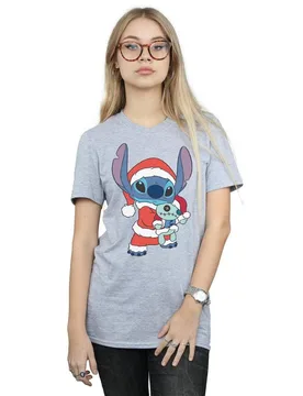 Women's Lilo & Stitch Stitch Christmas Cotton Boyfriend T-Shirt in Grey Size: 3XL - Grey - Size: 3XL - Disney - FashionsVida