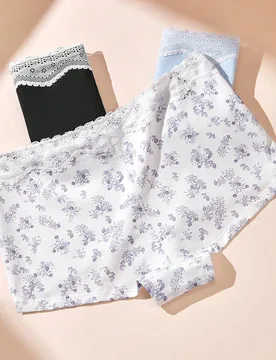 Set de 3 calzones tipo boyshort de algodón suave y transpirable con estampado floral de talle medio, ropa interior de mujer - Encaje - Shein - FashionsVida