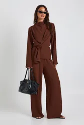 Womens Tall Woven Drape Long Sleeve Blouse & Trouser Co-Ord - Chocolate - Size 12 Uk