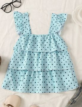 Camisa casual de vacaciones para niñas con lunares blancos, blusas de primavera/verano, diseño de moda suave, versátil y fácil de combinar, adecua