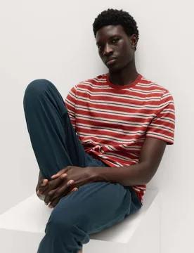 Pure Cotton Textured Stripe Pyjama Set Orange Mix male - M&S - FashionsVida