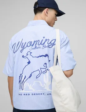 Men's Oversized Western Slogan Stripe Shirt Light Blue Size Medium Light Blue M - boohooMAN - FashionsVida