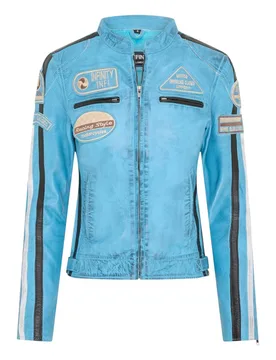 Women's Leather Biker Racing Badges Jacket-Agadir in Baby Blue Size: 12 - Baby Blue - Size: 12 - Infinity Leather - FashionsVida