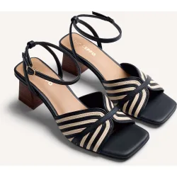 Sandalias de tacón de mujer de piel bicolor con patrón de rayas