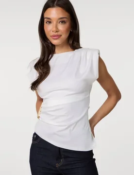 Ivory Shoulder Pad With Buckle Jersey Top - Ivory - Size: S/M - Pink Vanilla - FashionsVida