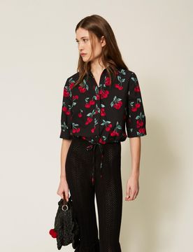 Chemise cropped en popeline avec imprimé cerises