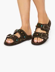 Suede Embellished Flat Sandals Brown Mix female