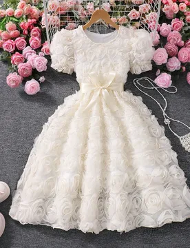 Vestido elegante de verano para niñas con mangas abullonadas, decoración de flores 3D y cinturón, de unicolor - Shein - FashionsVida