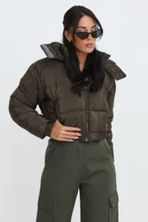 Womens Cropped Padded Long Sleeve Zip Front Shower Proof Jacket - Chocolate - Size 6 Uk