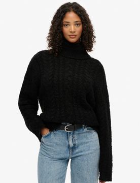 Superdry Damen Strickpullover mit Rollkragen und Zopfmuster Black - Größe: 36