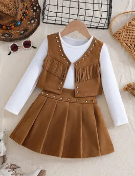 Conjunto de 3 piezas estilo vintage occidental para niñas: chaleco con flecos y remaches + camiseta + falda, adecuado para la escuela, actuaciones en - Shein - FashionsVida