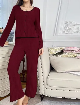 Conjunto de pijama de dos piezas de mujer, top de manga larga de felpa informal y pantalones, conjunto de pijama de otoño/invierno de dos piezas, col - Shein - FashionsVida
