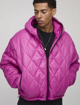 Men's Oversized Boxy High Sheen Diamond Quilted Hooded Funnel Puffer Jacket Pink Size Medium Pink M - boohooMAN - FashionsVida