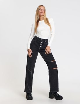 Jeans straight a vita media - grigio