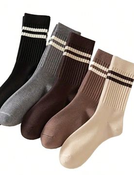 Pares de calcetines de media caña ajustados a rayas para mujer - Patrón a rayas beige y marrón, adecuados para otoño/invierno, adecuados para uso
