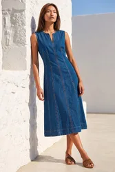 Panel Detail Midi Dress - Mid Blue - Size: 14