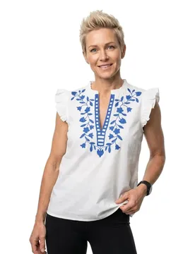 Blouse Sans Manches Vacation Bright White / Detail Blue Embroidery M