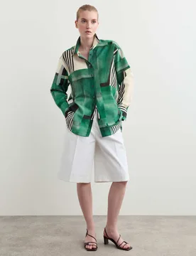 Cotton Silk Blend Geometric Shirt Green Mix female - Jaeger - FashionsVida