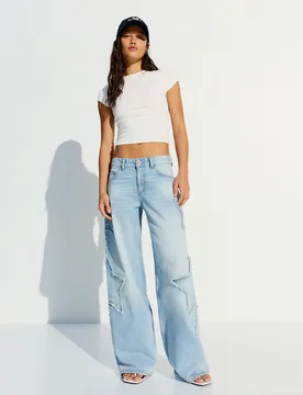 Jeans Boyfriend Taille Basse Étoiles 36 Bleu Lavé - Bershka - FashionsVida