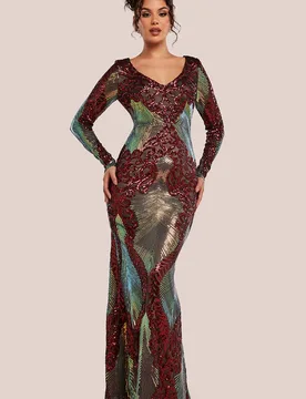 Women's Contrast Sequin Long Sleeve Maxi Dress in Wine Size: 10 - Wine - Size: 10 - Goddiva - FashionsVida
