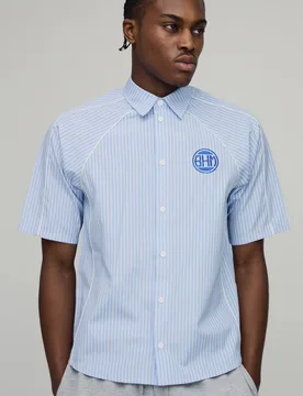 Men's Oversized Boxy Piping Detail Striped Shirt Blue Size Medium Blue M - boohooMAN - FashionsVida