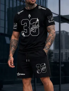Conjunto casual de camiseta de manga corta con estampado de letras & números y pantalones cortos para hombre, para uso diario - Shein - FashionsVida