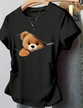 Camiseta de manga corta con fruncidos con estampado de oso minimalista informal para adolescente - Shein - FashionsVida