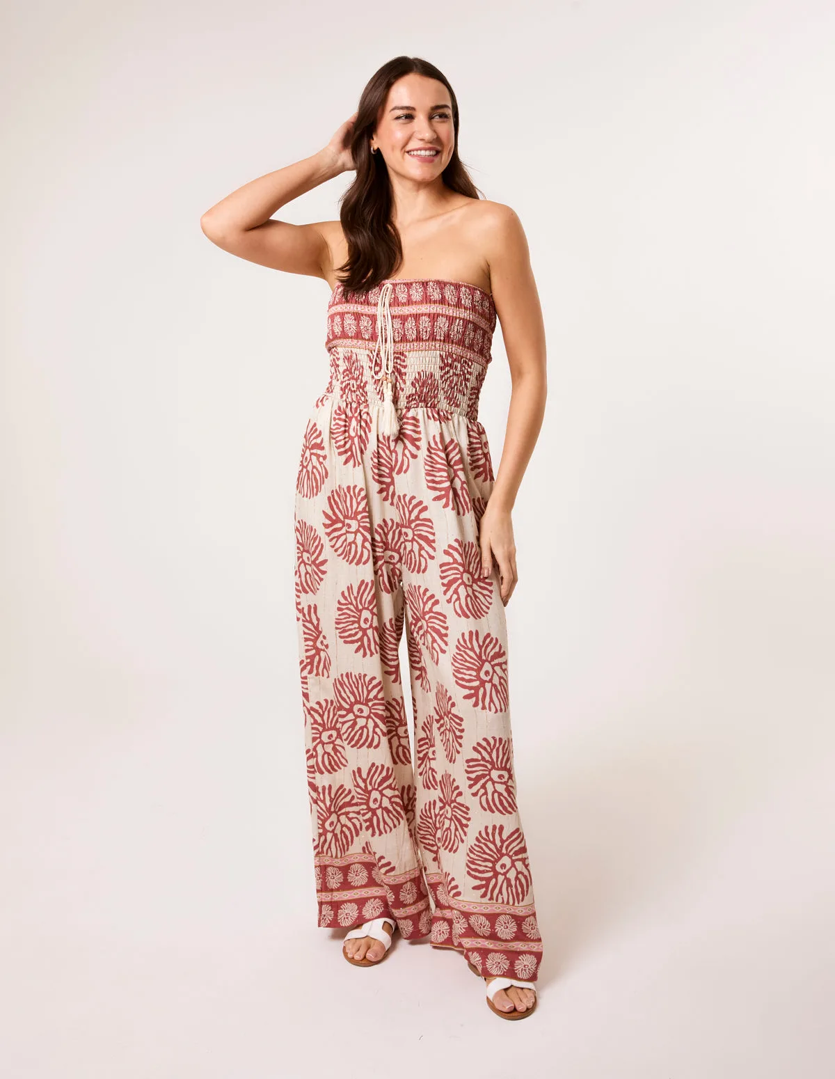 Womens Strapless Elasticated Printed Jumpsuit - Coral - Size L/xl - Blue Vanilla - FashionsVida