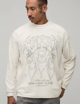 Herren Übergroßes Grafisches Langarm-Oberteil Mit Sichtbaren Nähten Und Verwaschenem Aufdruck Ecru Größe XL - boohooMAN - FashionsVida