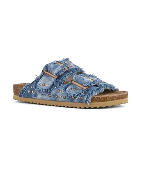 Sandali blu in denim di cotone con doppia fascetta e borchie in metallo e strass applicati - Colors of California - FashionsVida