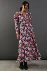 Womens Floral Viscose V Neck Long Puff Sleeve Midi Dress - Size 8 Uk