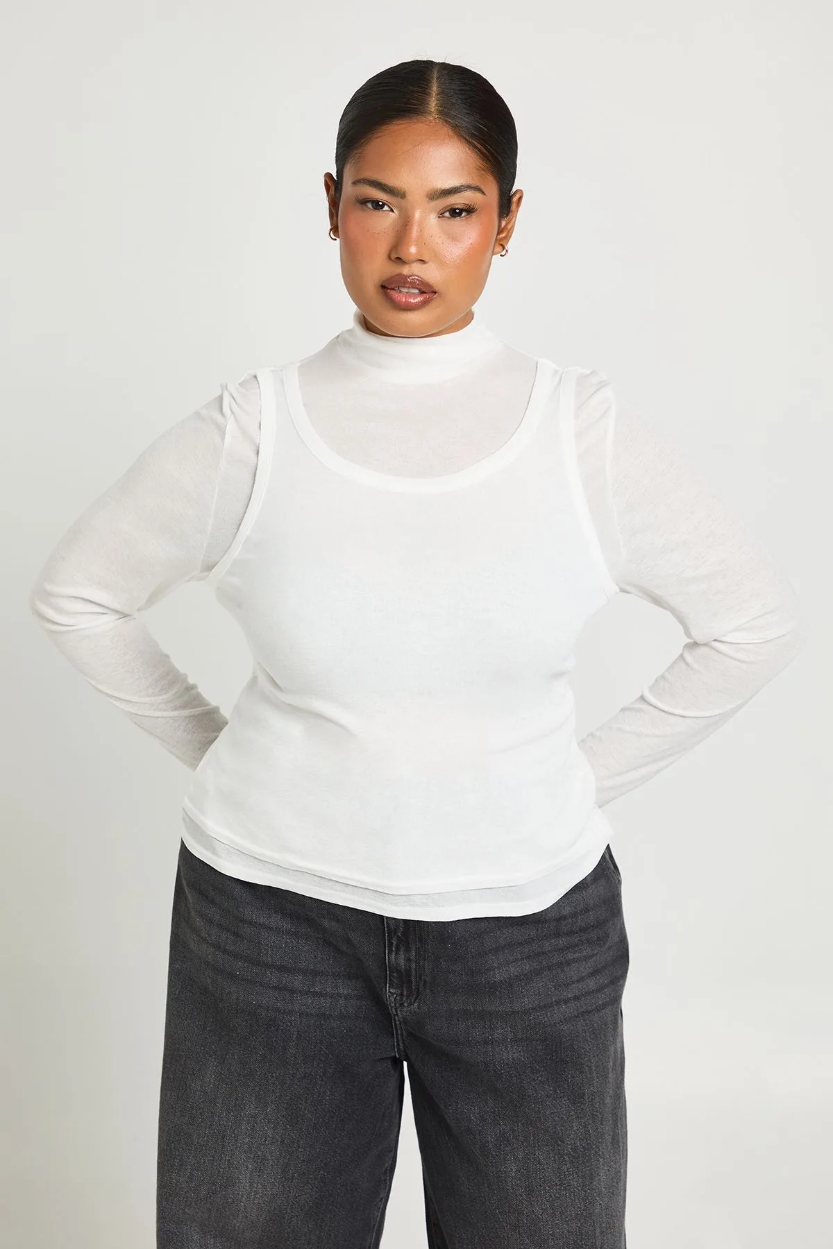 Womens Plus 2-1 Layered High Neck Long Sleeve Top - White - Size 22 Uk - Boohoo - FashionsVida