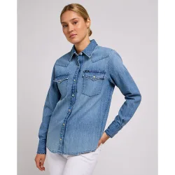Camisa de mujer de manga larga lisa en color azul