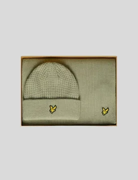 Men's Waffle Scarf and Beanie Set Khaki Smoke - Lyle & Scott - FashionsVida