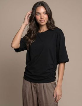 Blusa in cotone con maniche a 3/4 e arricciature laterali - nero