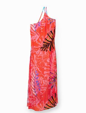 Robe midi asymétrique tropicale, Viscose, Orange, XS